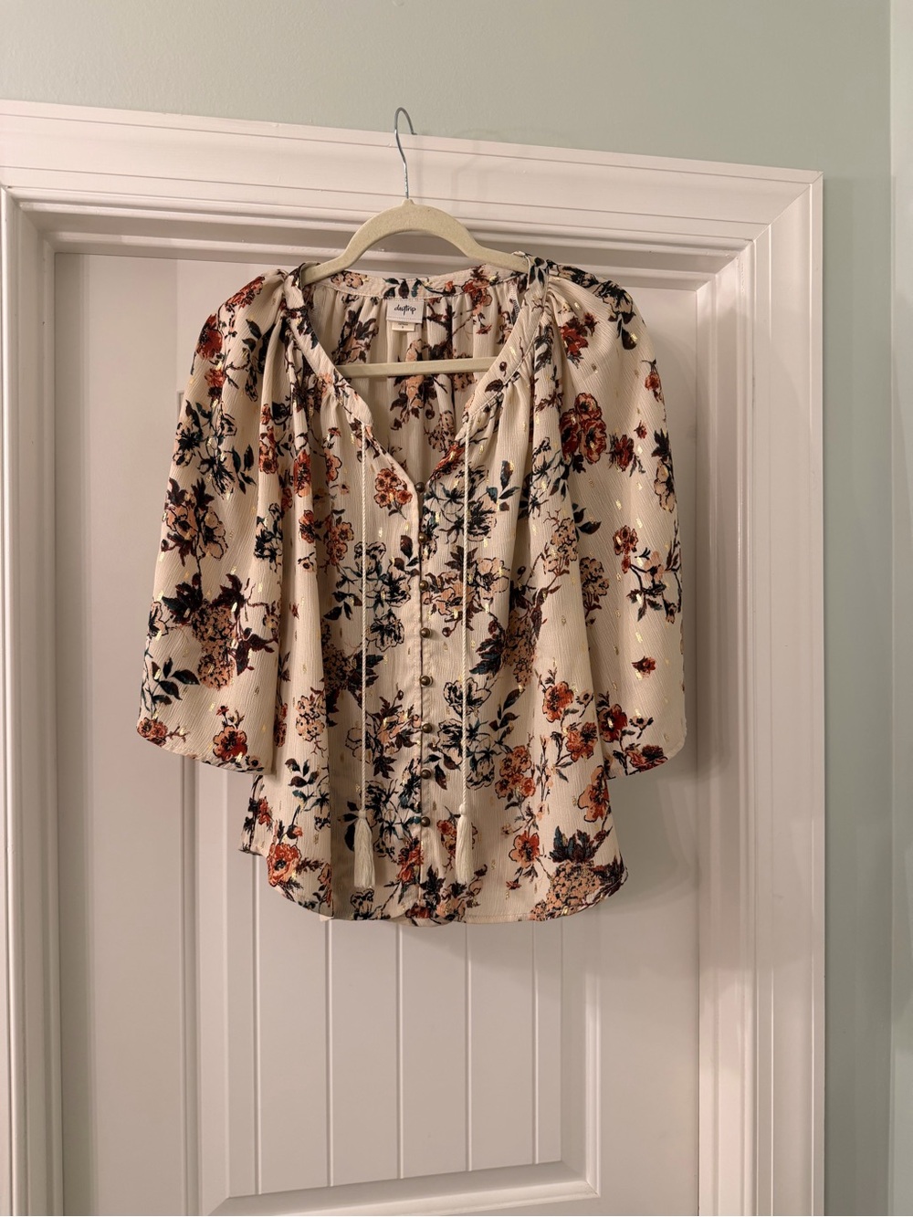 Daytrip Cream Floral Peasant Blouse with Rust & Black Blooms